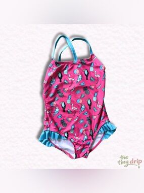 Monkey Bars Pink Tropical One-Piece Kids Swimsuit (Size 5/6)